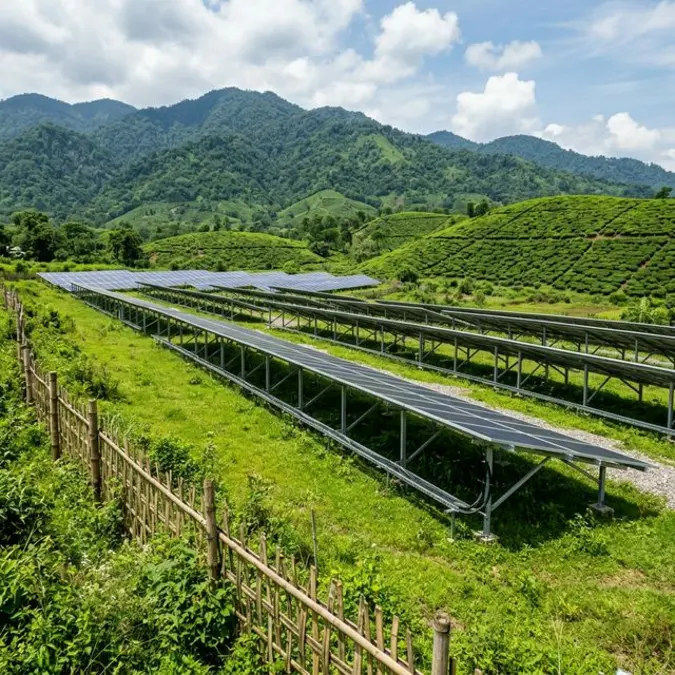 Ground mounted solar panels near tea garden in Assam