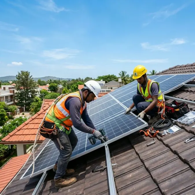 Solar panel installers fitting rooftop solar panels in Assam